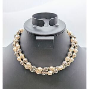 Vtg Anne Klein Silver Bead Pearl Double Strand Toggle Clasp 16"-16.75" Necklace